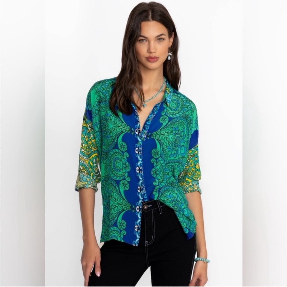 Johnny Was Silk Slim Audrey Blouse NWT $248 Color: Diomedes XL
